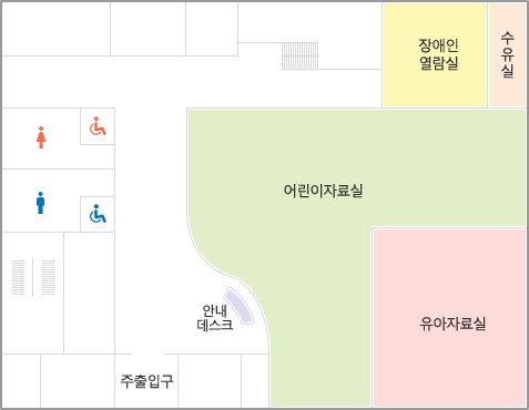 1층 단면도 : 주출입구를 기준으로 좌측으로는 남/여 화장실이 있고, 우측으로 어린이열람실, 장애인열람실, 유아열람실이 있으며, 유아열람실 안에 수유실이 있다.
